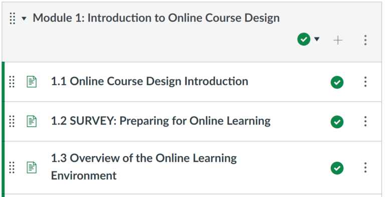 Screenshot showing a module learning path content items