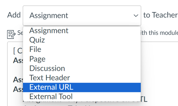 Screenshot showing the addition of a url from module content list